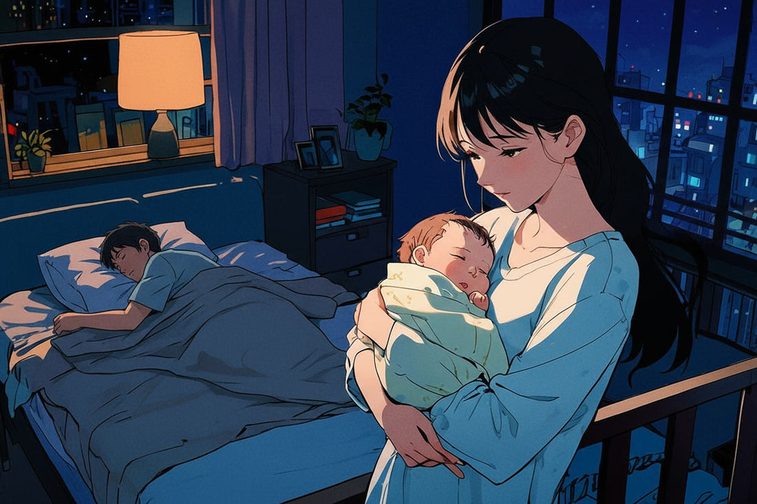 A young woman holding her baby in the middle of the night, while her husband is sleeping at the background