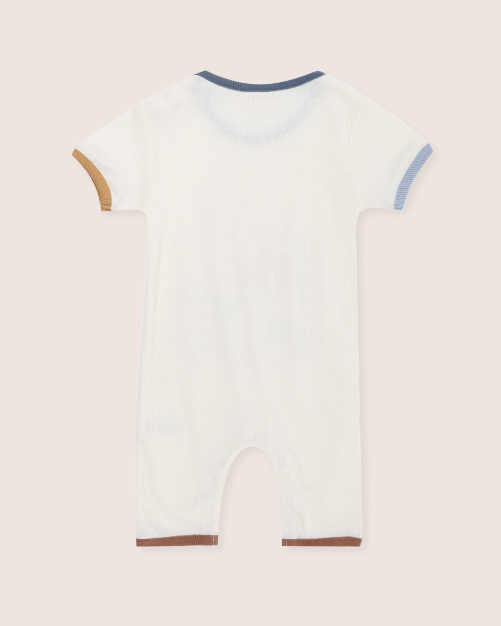 Light blue baby romper with brown accents on a beige background