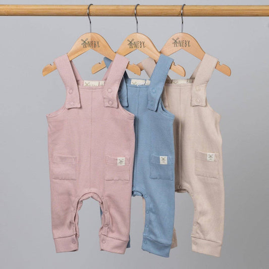 Baby wearing pink dungaree and a blue shirt on a white background