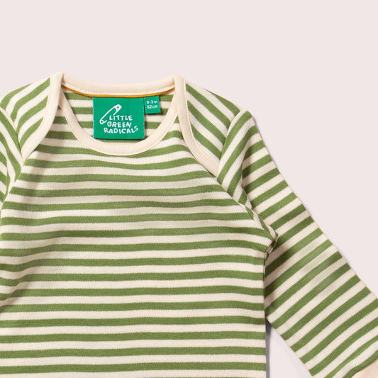 Green baby bodysuit with fox pattern and striped green and white onesie on a light gray background