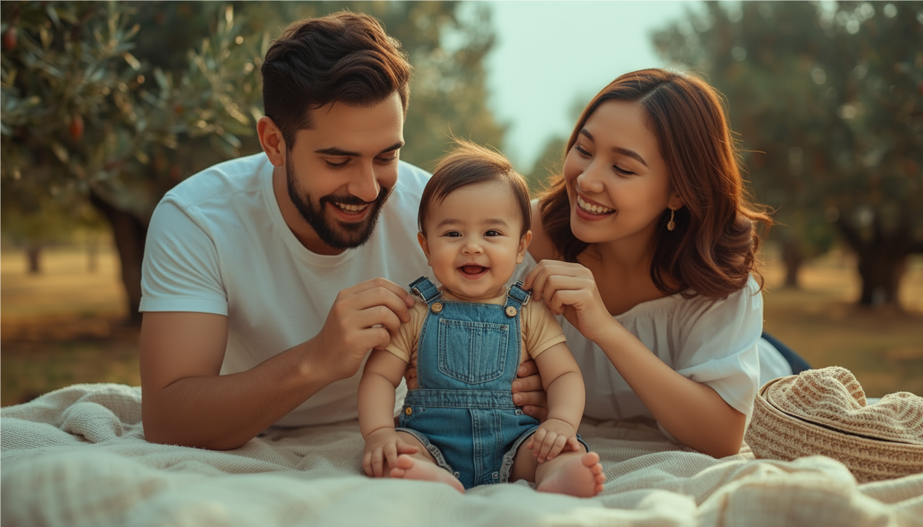 Family of three sitting on a blanket outdoors with trees in the background