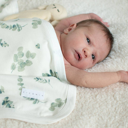 Newborn baby wrapped in a eucalyptus-patterned swaddle with a visible brand label on a soft surface.