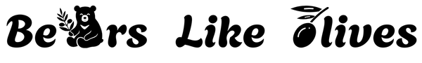 Text 'Beors Like Olives' with bear and olive graphics on a black background