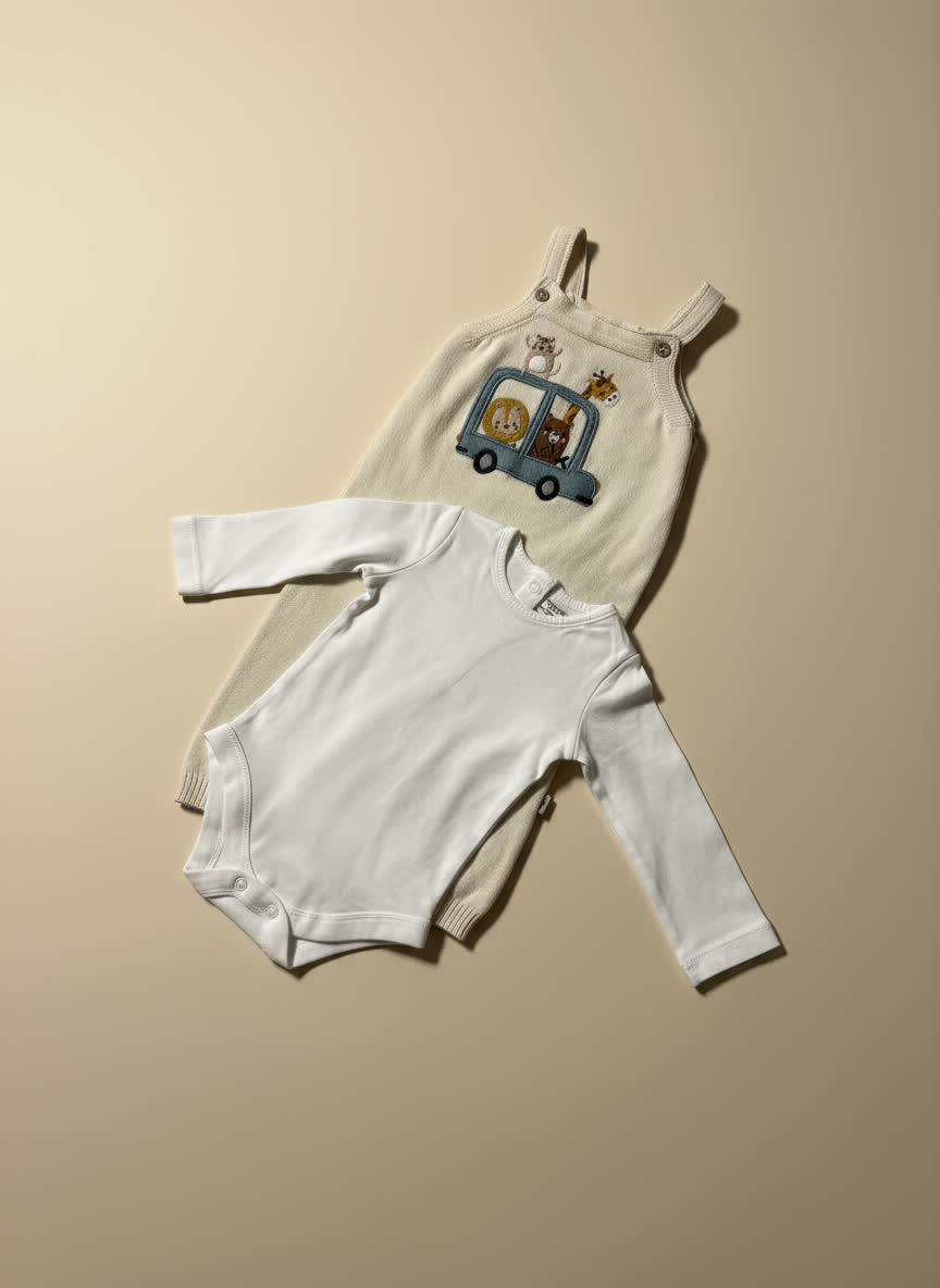 Baby dungaree with white bodysuit on a beige background