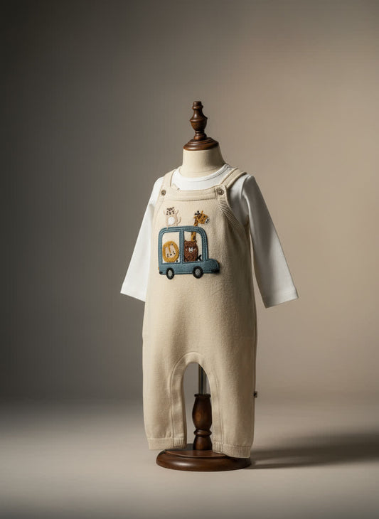 Baby dungaree with a graphic design on a mannequin against a neutral background