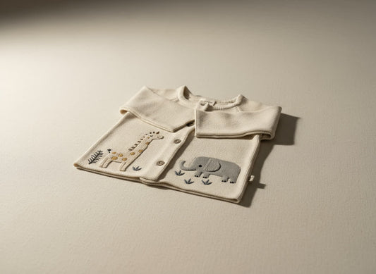 Baby cardigan with animal illustrations on a hanger against a light background