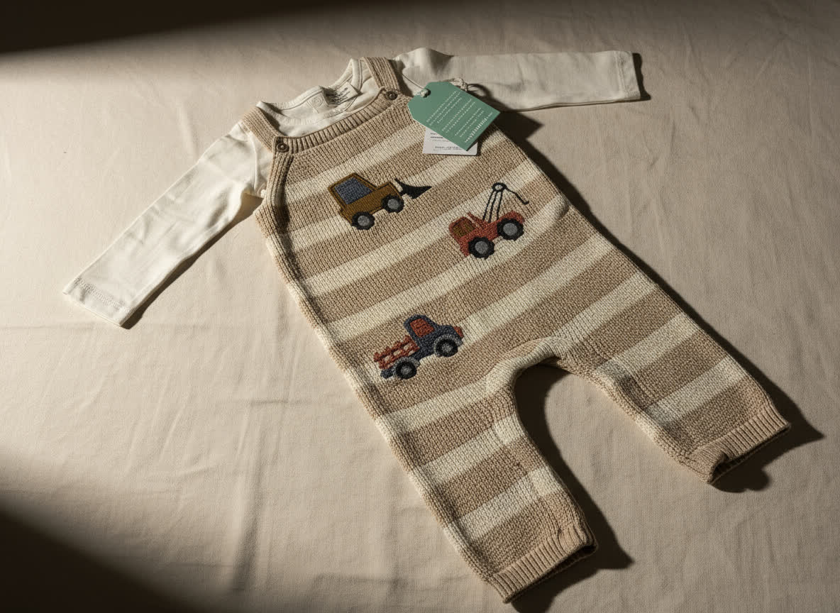 Striped baby dungaree with toy truck pattern on a beige surface