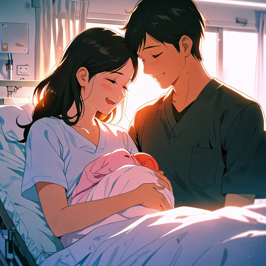 A young couple holding their newborn baby in the hospital