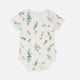 Baby onesie with eucalyptus leaf pattern on a white background