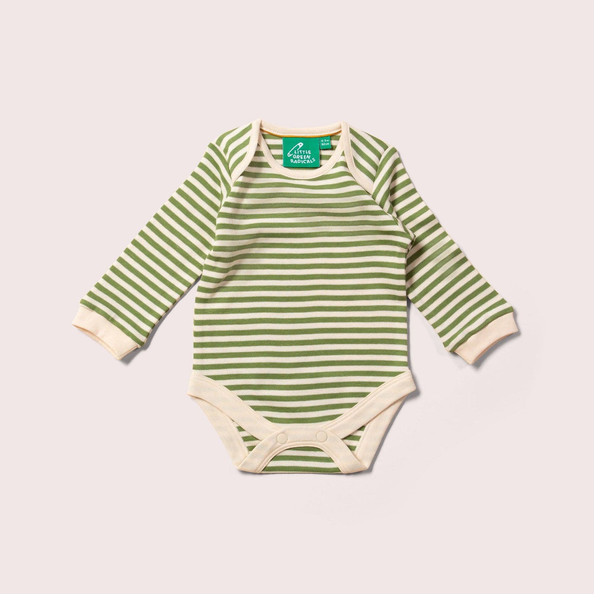 Green and white striped baby bodysuit on a light gray background
