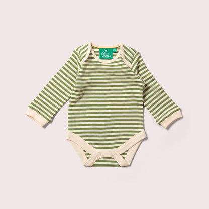 Green and white striped baby bodysuit on a light gray background