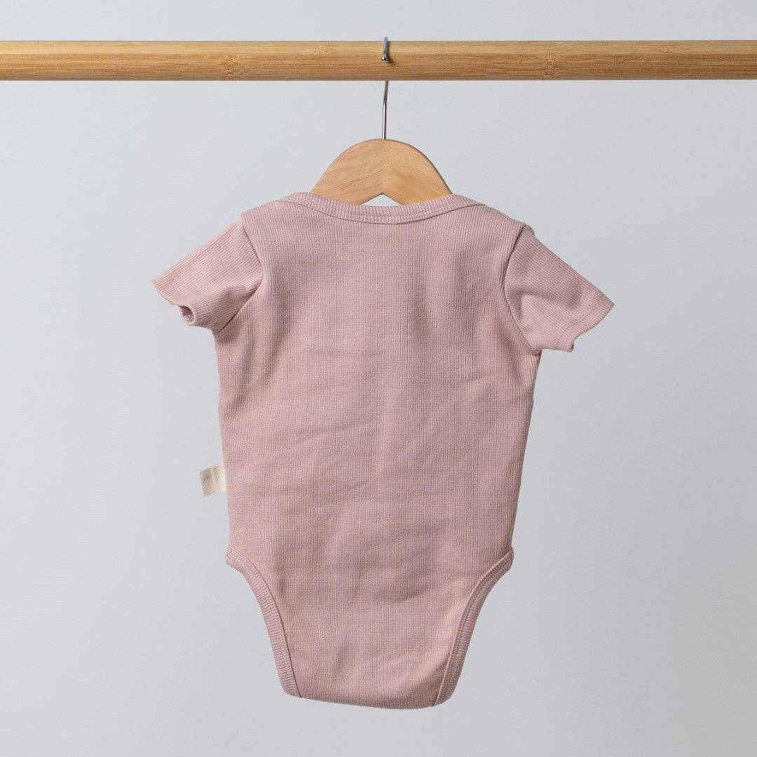 Pink baby bodysuit on a hanger against a light gray background