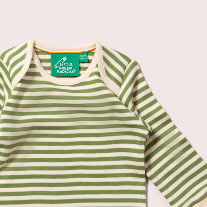 Green and white striped bodysuit with a visible brand label on a light background