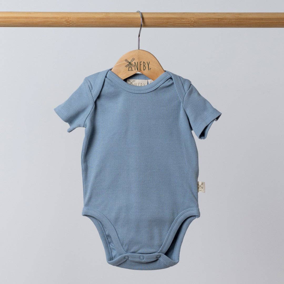 Blue baby bodysuit on a wooden hanger against a light gray background