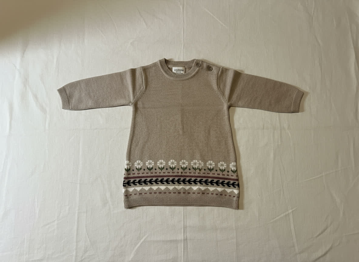 Beige sweater dress with floral pattern on a beige background